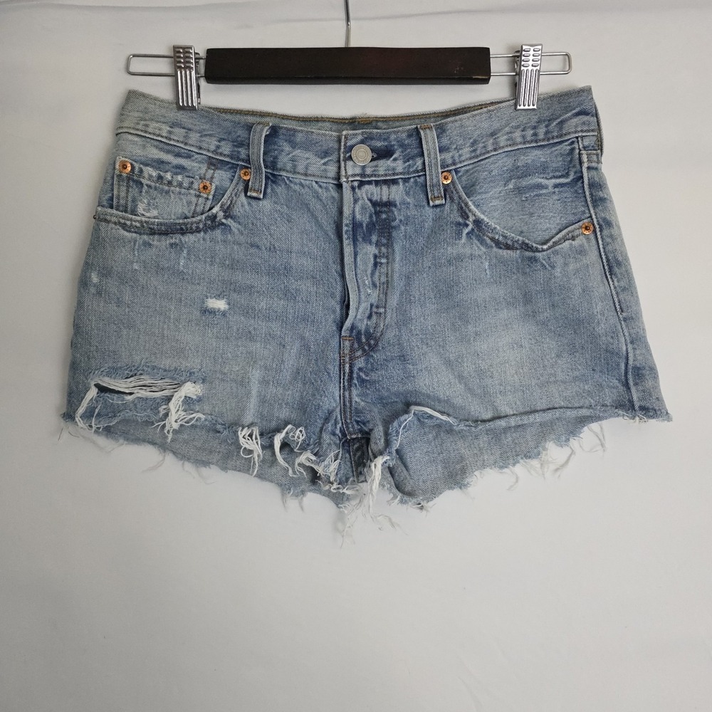 LEVI'S 501 Denim Shorts Distressed Cutoffs Button Fly Blue Jean Denim Womens 28